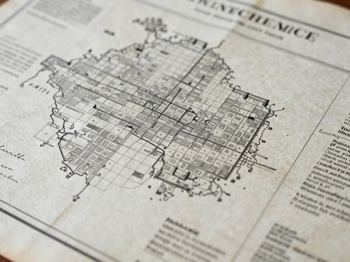 Precise close-up of an archival municipal decree beside a survey
