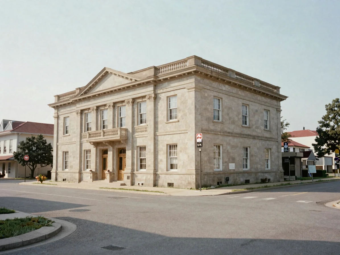 Wide environmental view of a provincial civic building and its su