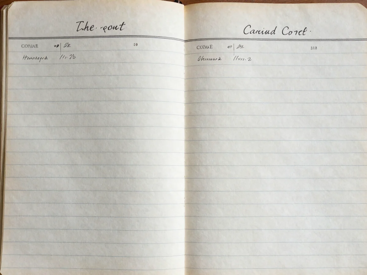 Archival court ledger held under even document lighting, precise